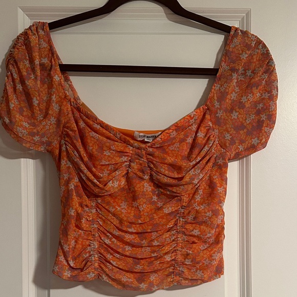 Steve Madden Tops - Orange Floral Ruched Puff Sleeve Top